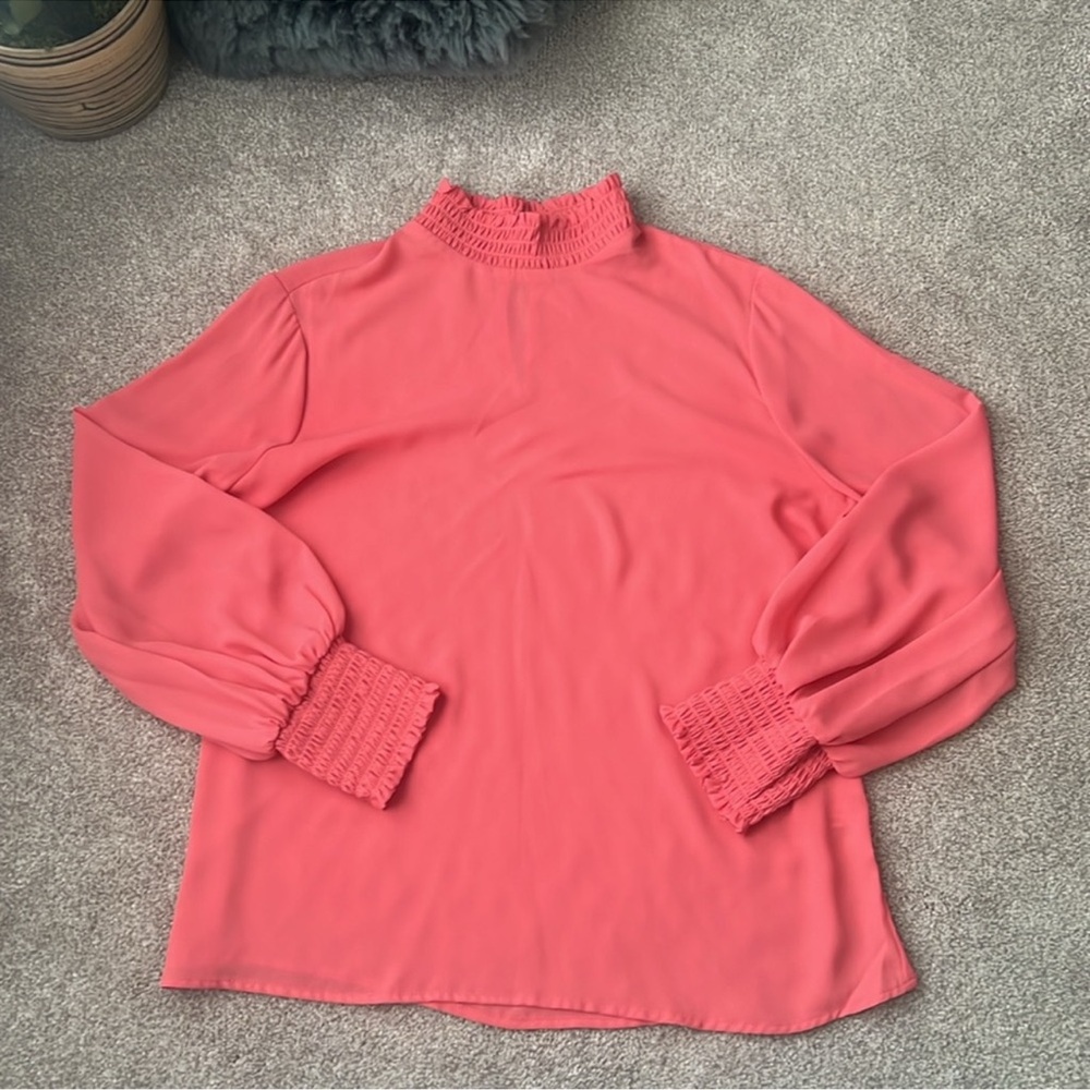 Pink smocked mock neck long sleeve blouse size L fits 12/14 NY & Co.